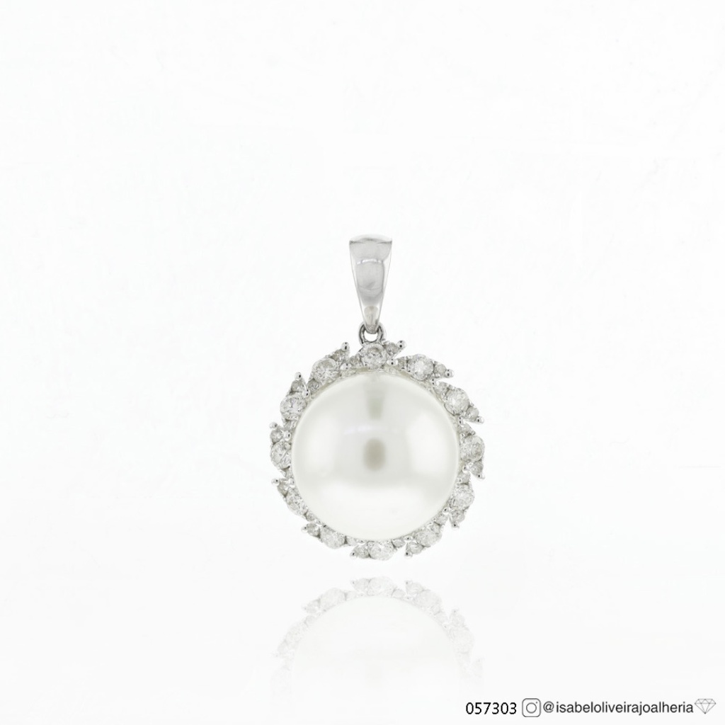 [057303] Pingente 1 Pérola 36 Brilhantes 0,47ct H VS2 3,90g Ouro Branco 18k - Coleção Over The Moon