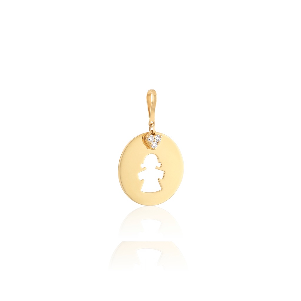 [049199] Pingente Chapa Redonda 13MM com Menina Vazada e Coraçao Pendurado 3 Pedras 0,60G Ouro Amarelo 18K - Coleçao Maes e Filhos