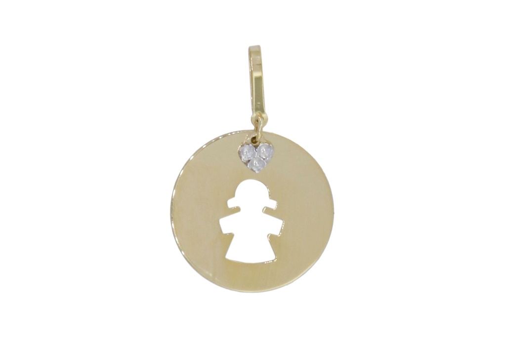 [049199] Pingente Chapa Redonda 13mm com Menina Vazada e Coração Pendurado 3 Pedras 0,60g Ouro Amarelo 18k - Coleção Mães e Filhos