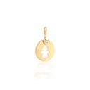 Pingente Chapa Redonda 13MM com Menina Vazada e Coraçao Pendurado 3 Pedras 0,60G Ouro Amarelo 18K - Coleçao Maes e Filhos