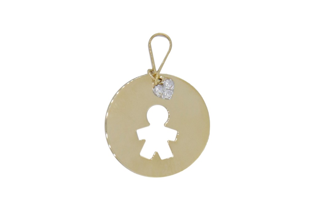 [049200] Pingente Chapa Redonda 13mm Menino Vazado e Coração Pendurado 3 Pedras 0,60g Ouro Amarelo 18k - Coleção Mães e Filhos
