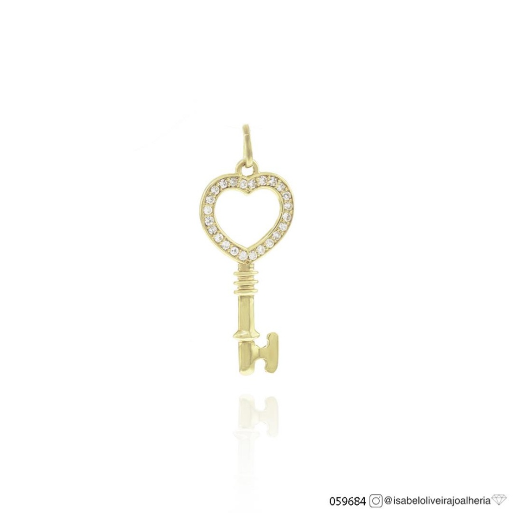 [059684] Pingente Chave Coração 24 Brilhantes 0,12ct J SI1 0,90g Ouro Amarelo 18k - Coleção Minimalista