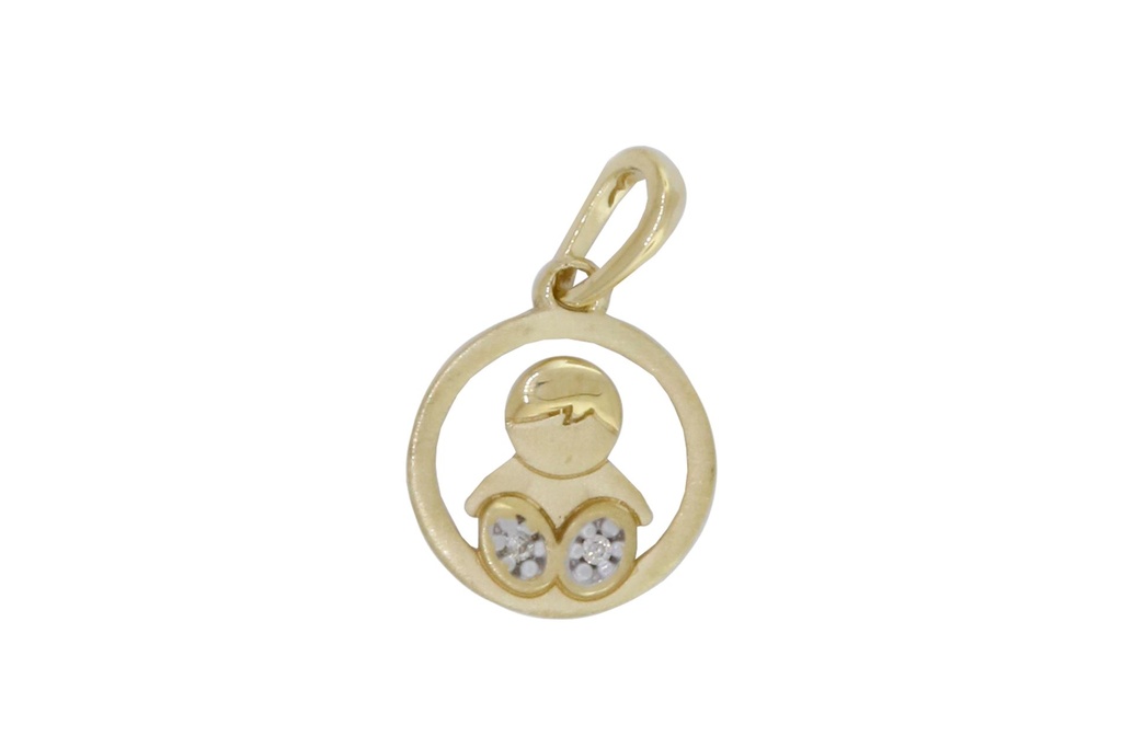 [049214] Pingente Círculo Vazado 10mm Menino 2 Brilhantes 0,01ct Detalhe Fosco 0,90g Ouro Amarelo 18k - Coleção Mães e Filhos