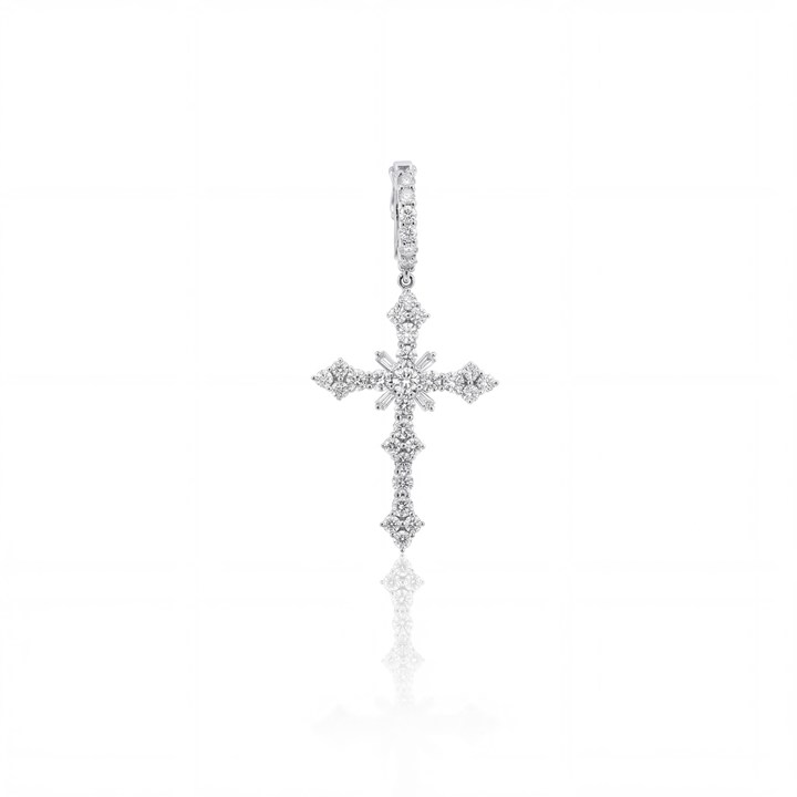 [074543] Pingente Cruz 4 Diamantes Trapézios 0,05ct 39 Brilhantes 1,26ct 3,25g Ouro Branco 18k - Coleção Crucifixos