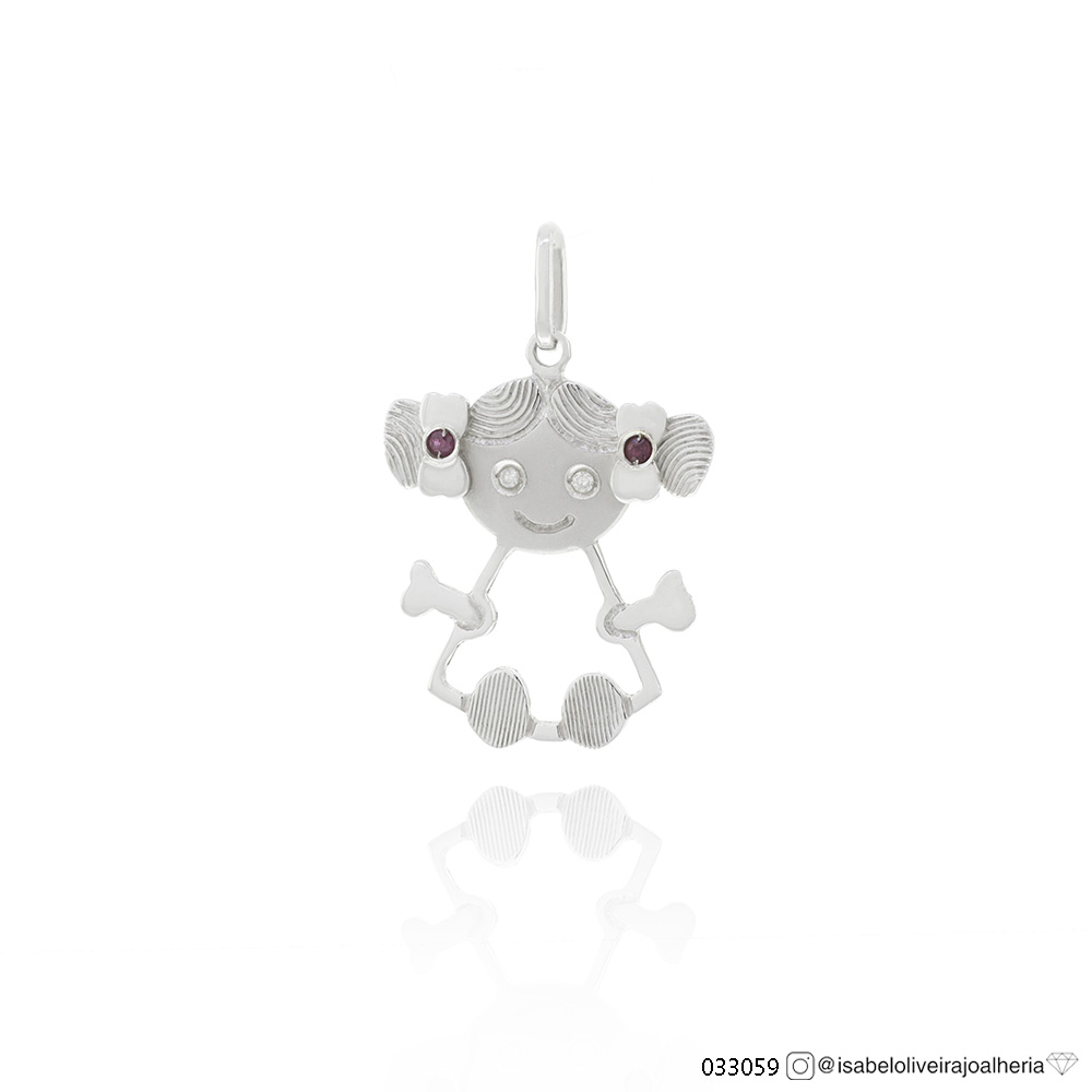 [033059] Pingente Menina 2 Rubis e 2 Brilhantes J SI1 1,60g Ouro Branco 18k - Coleção Mães e Filhos