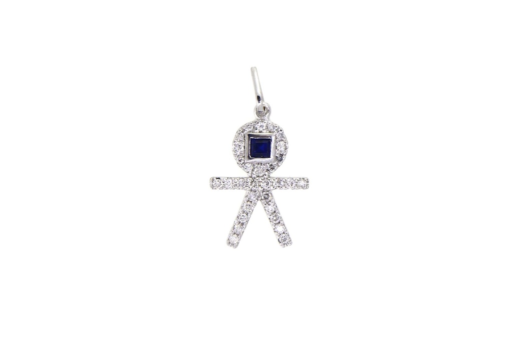 [043790] Pingente Menino Palito 1 Safira Carré 0,08ct 30 Brilhantes 0,17ct H VS2 0,50g Ouro Branco 18k - Mães e Filhos