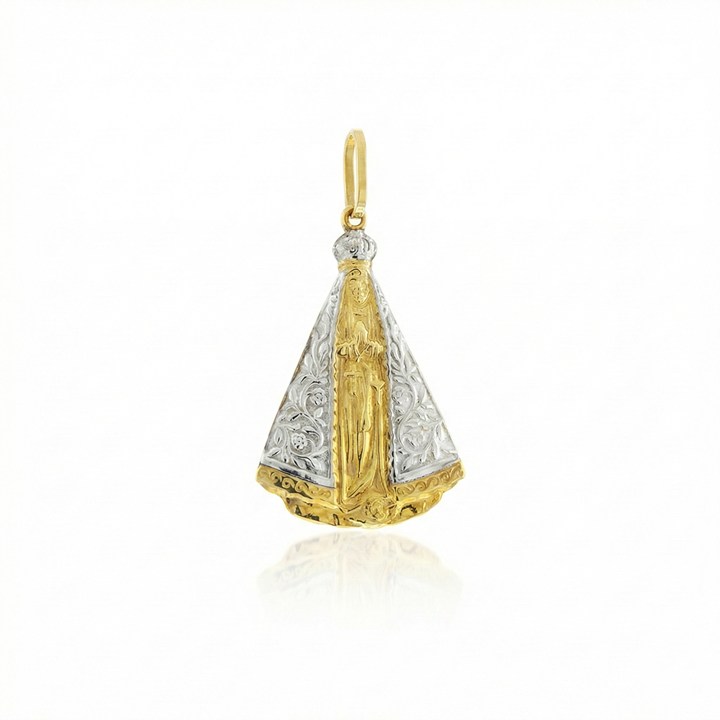Pingente Nsa Sra Aparecida 32mm 2,20g Ouro Amarelo 18k com Ródio Branco 18k - Coleção Fe Santos
