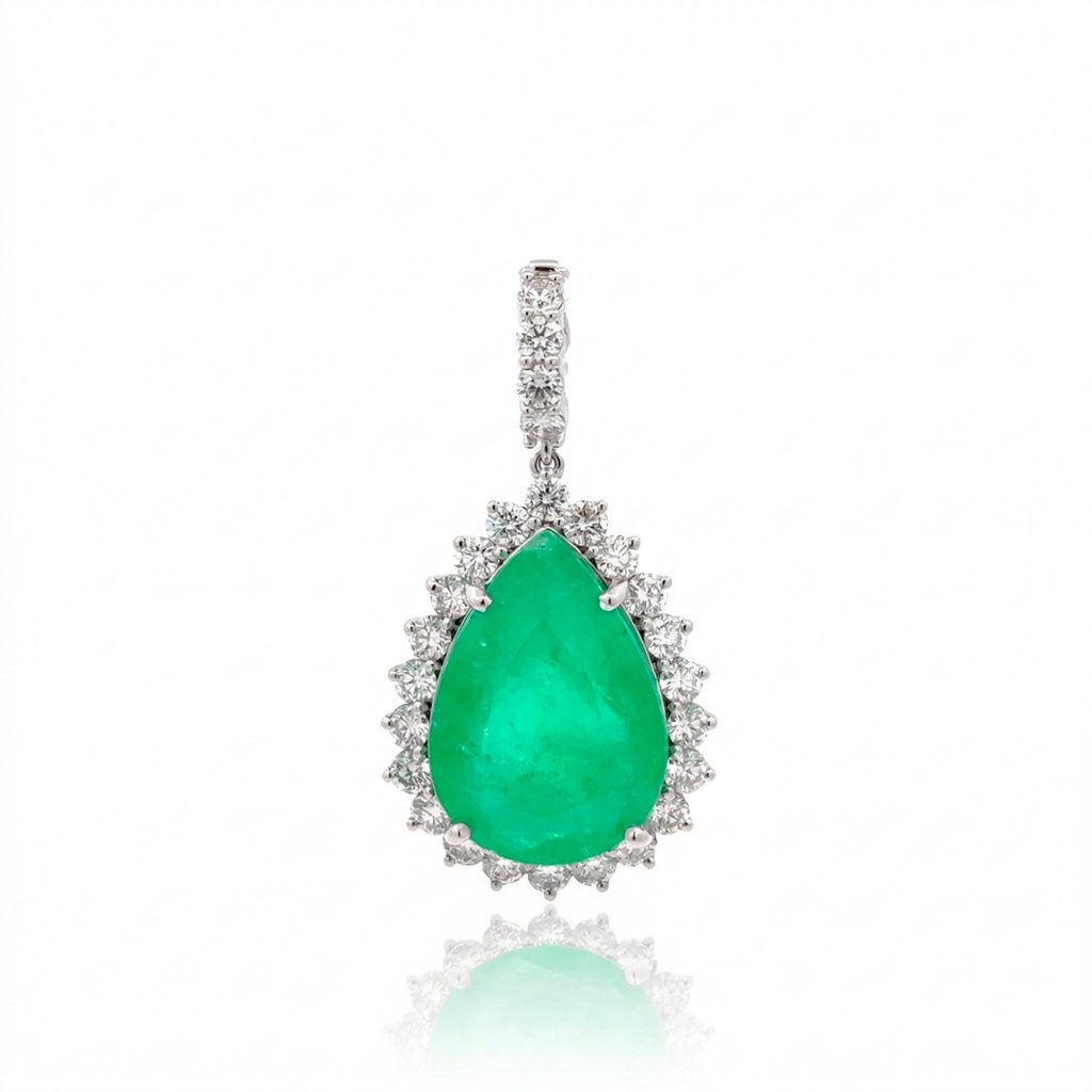Pingente Esmeralda Colombiana Gota 16,76ct com Diamantes em Ouro Branco 18k