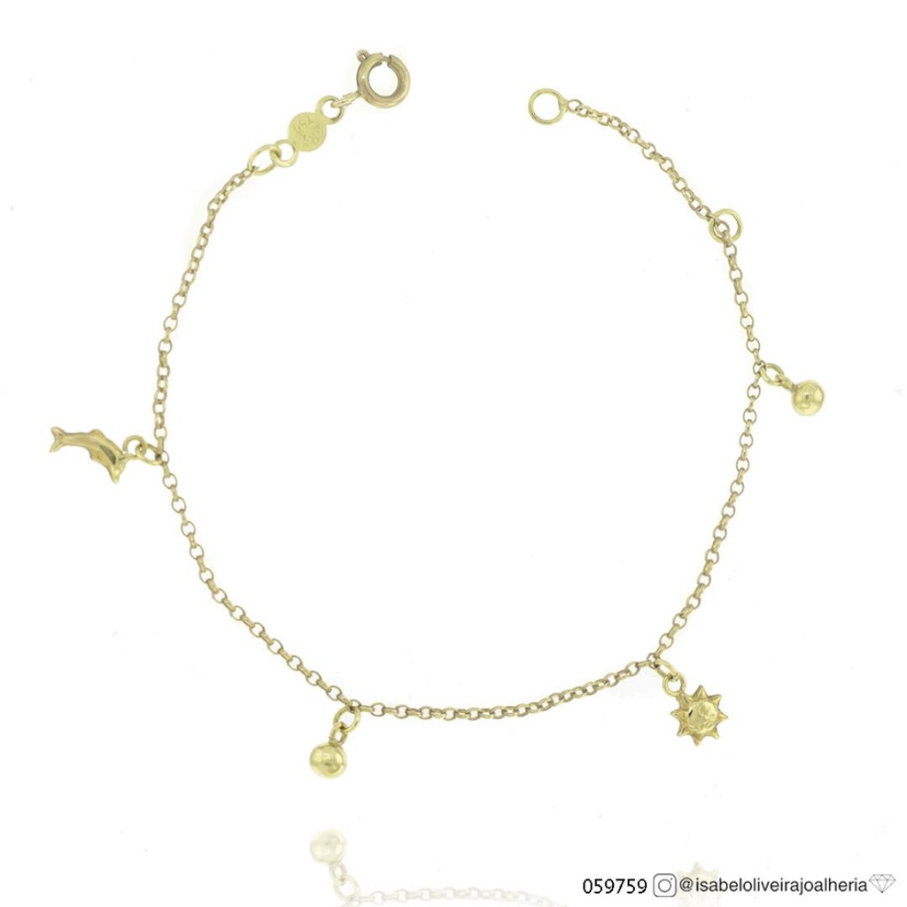 [059759] Pulseira Infantil Pingentes Golfinho Sol Bolinha Elo Português 15cm 1,30g Ouro Amarelo 18k