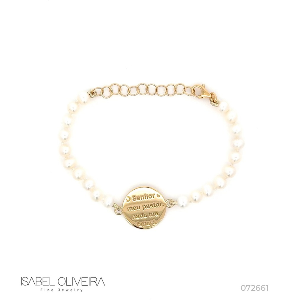 [072661] PULSEIRA 29 PEROLAS COM PLACA SALMO 23 17CM 4,20G OURO AMARELO 18K - COLEÇAO OVER THE MOON