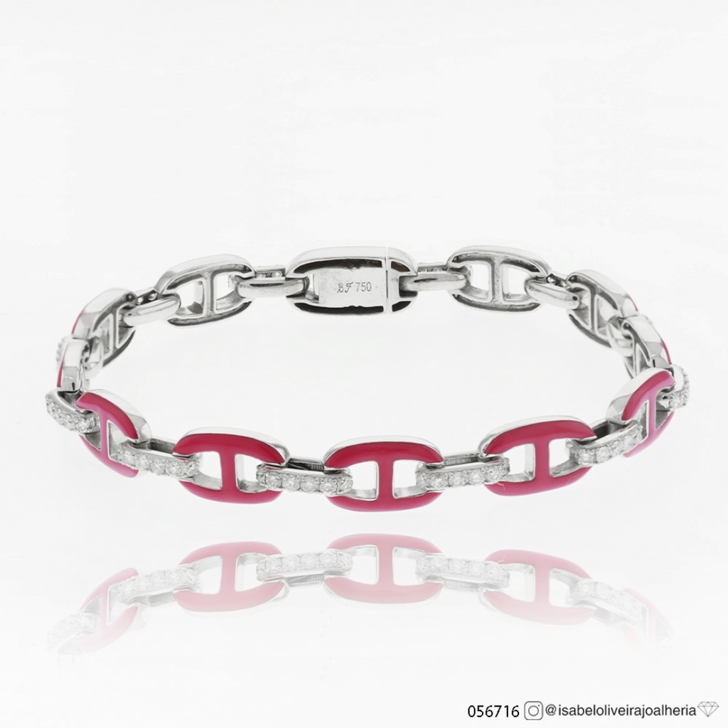 [056716] Pulseira Cerâmica Rosa Elo Maleável 12 Fileiras com 6 Brilhantes 18cm 22,30g Ouro Branco 18k - Coleção Day By Day