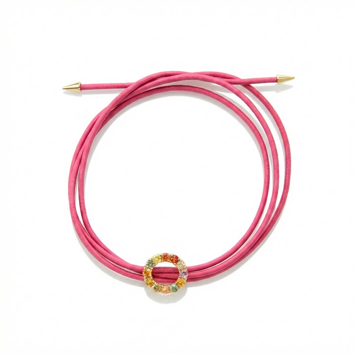 Pulseira Elastico Pink com Ponteira Spike com Pingente 12 Safiras Coloridas 0,96ct 3,45g Ouro Amarelo 18k - Coleção Kids