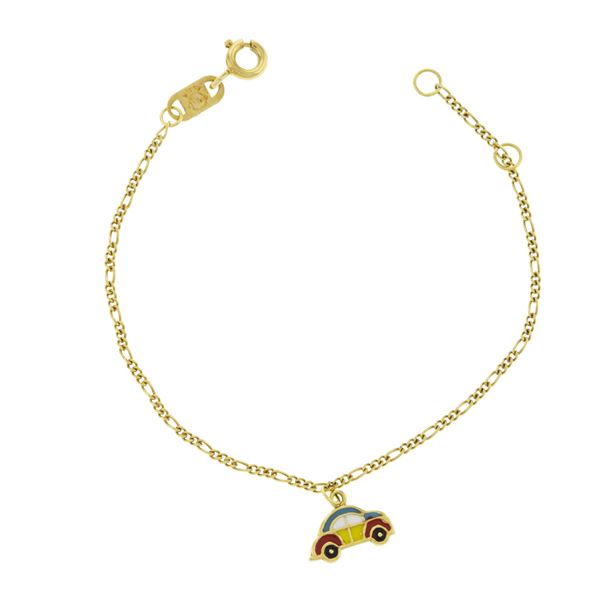 [059753] Pulseira Infantil Elo 3x1 Pingente Fusca Resina Colorido 14cm 1,50g Ouro Amarelo 18k