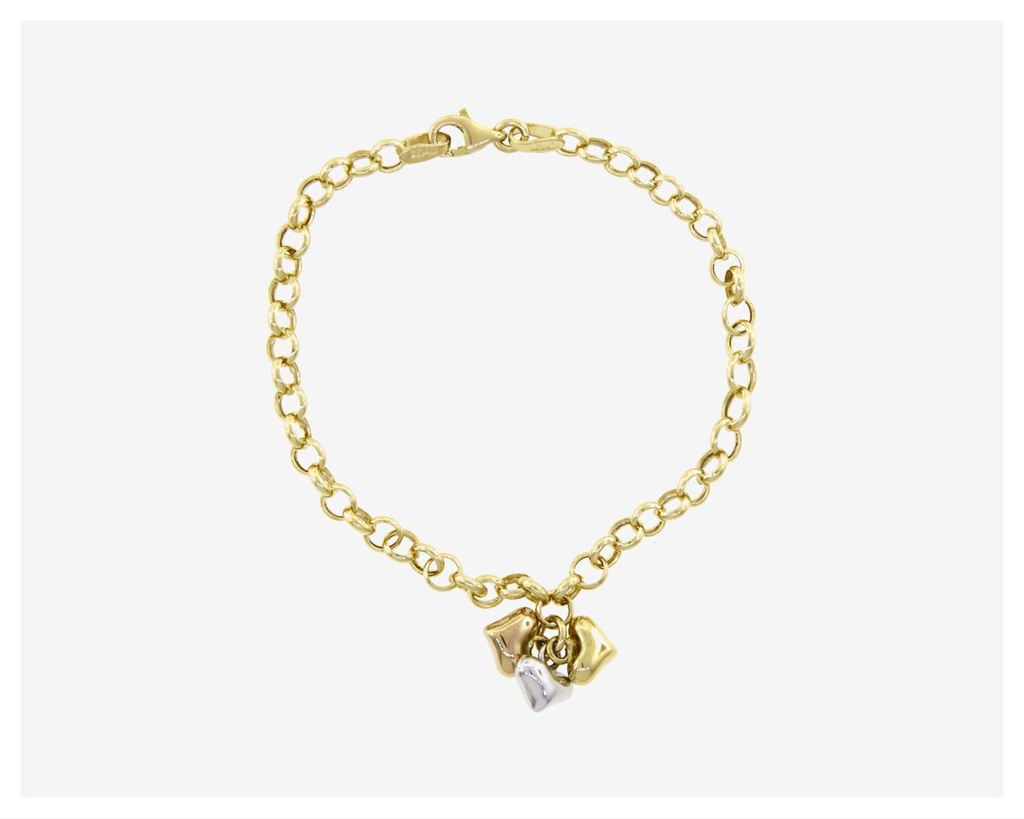 [042016] PULSEIRA INFANTIL ELO PORTUGUES COM 3 PINGENTES CORAÇAO DETALHE RODIO BRANCO 2,70G OURO AMARELO 18K - COLEÇAO KIDS