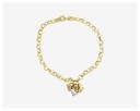 PULSEIRA INFANTIL ELO PORTUGUES COM 3 PINGENTES CORAÇAO DETALHE RODIO BRANCO 2,70G OURO AMARELO 18K - COLEÇAO KIDS