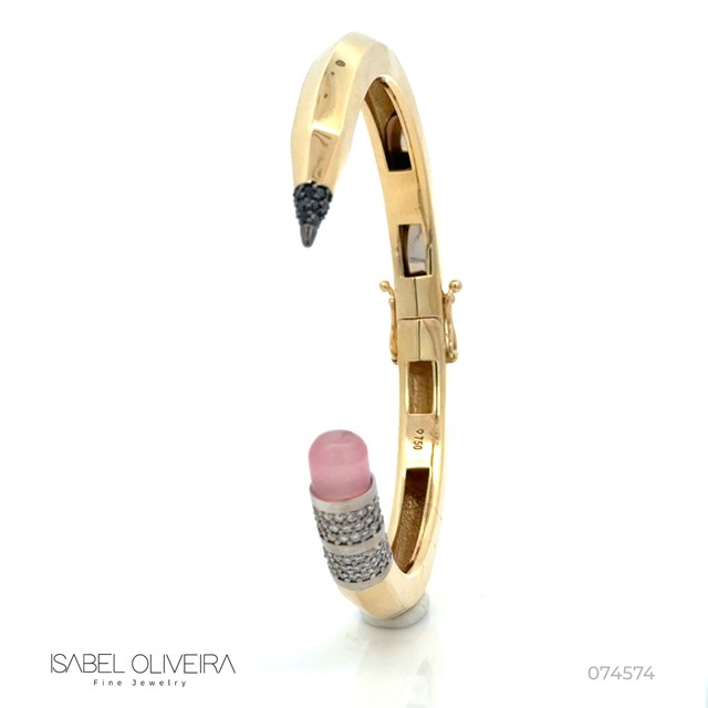 [074574] Pulseira Lapis 90 Brilhantes 0,66ct H VS2 19 Brilhantes Black 0,15ct Jade Rosa 19,94g Ouro Amarelo e Branco 18k