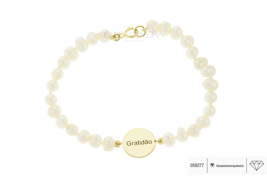 Pulseira Pérola com Placa Gratidão 17,5cm 6,30g Ouro Amarelo 18k - Coleção Over The Moon