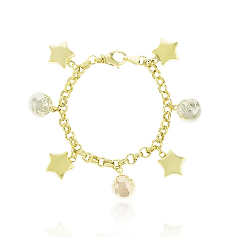 Pulseira Pingentes de Esferas e Estrelas 14cm 11,61g Ouro Amarelo 18k - Coleção Kids