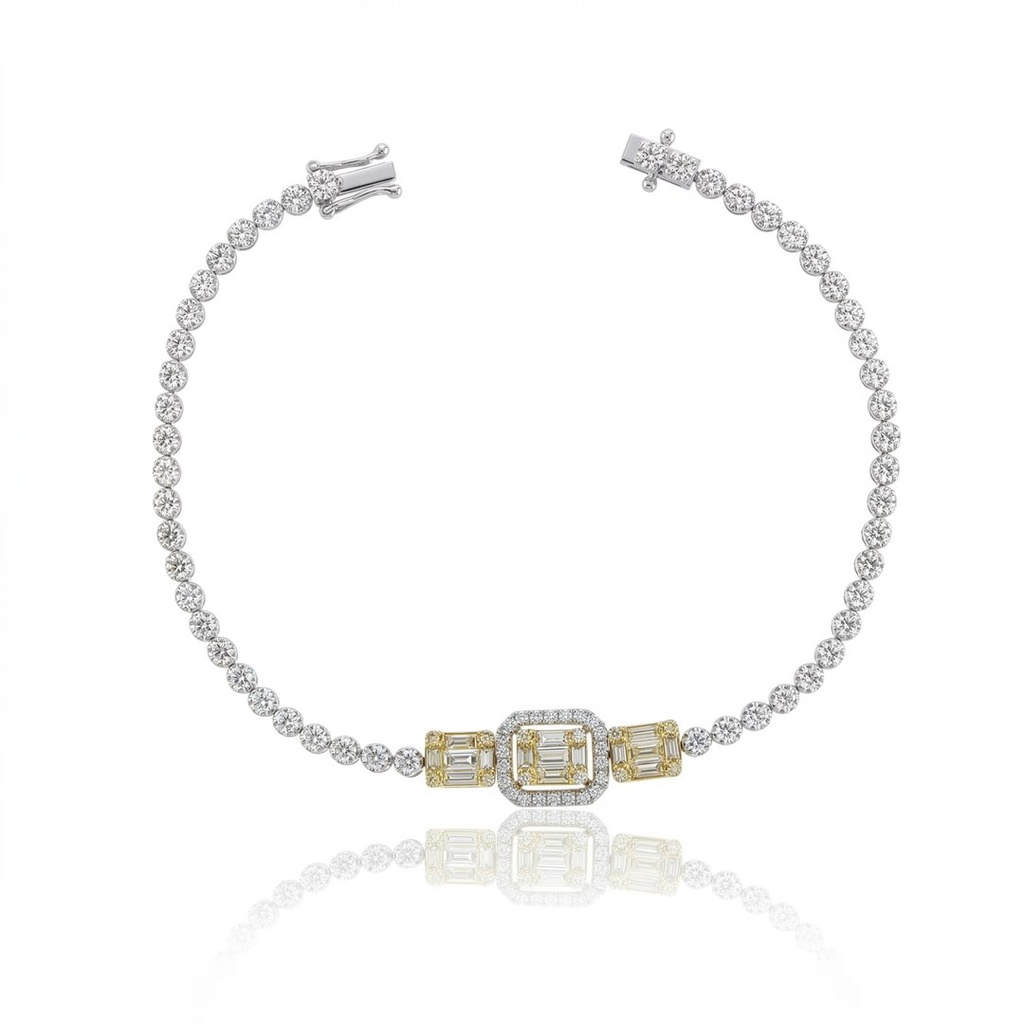[076806] PULSEIRA RIVIERA 15 DIAMANTES BAGUETES 0,51CT 84 BRILHANTES 1,57CT 16,50CM 5,45G OURO BRANCO E AMARELO 18K - COLEÇAO RIVIERAS