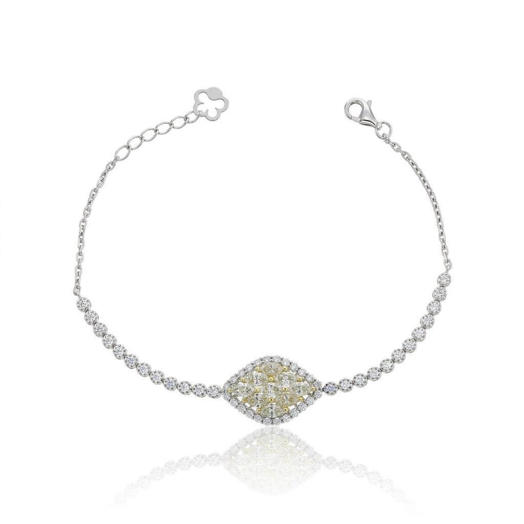 PULSEIRA RIVIERA 9 DIAMANTES NAVETES 1,19CT 48 BRILHANTES 0,80CT COM CORRENTE 18CM 5,47G OURO BRANCO E AMARELO 18K - COLEÇAO RIVIERAS