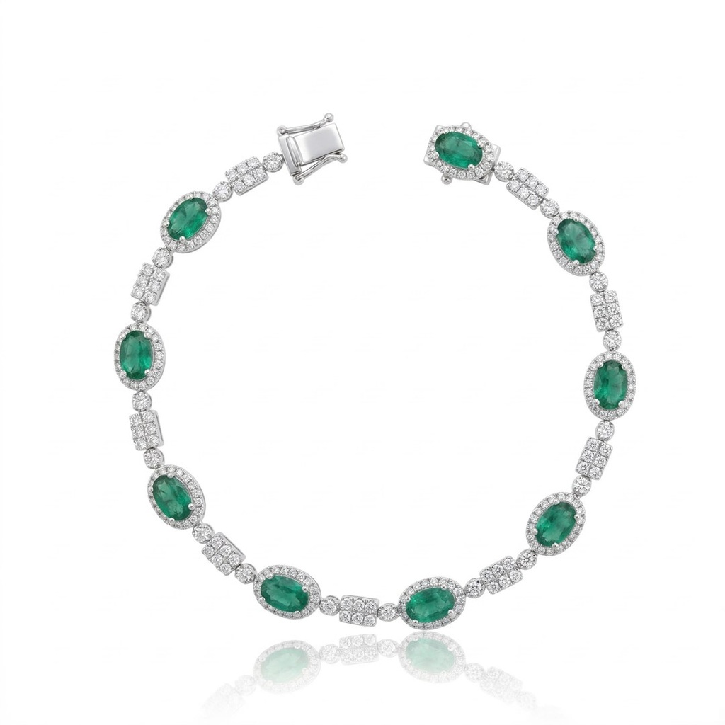 [076802] Pulseira Riviera 9 Esmeraldas Ovais 3,57ct 234 Brilhantes 1,44ct 16,50cm 9,0g Ouro Branco 18k - Coleção Rivieras