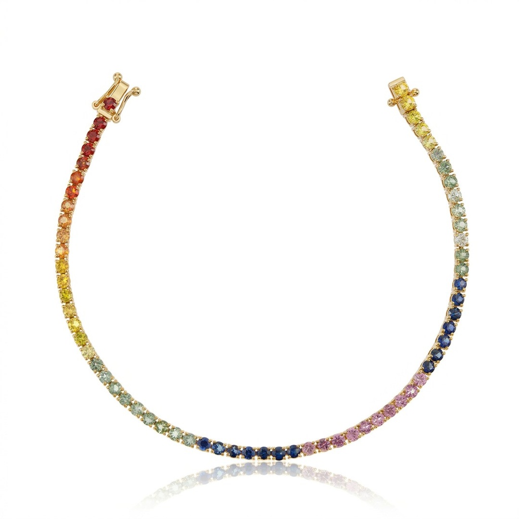 [077027] Pulseira Riviera Rainbow 65 Safiras Coloridas 3,97ct 17cm 5,35g Ouro Amarelo 18k - Coleção Rivieras