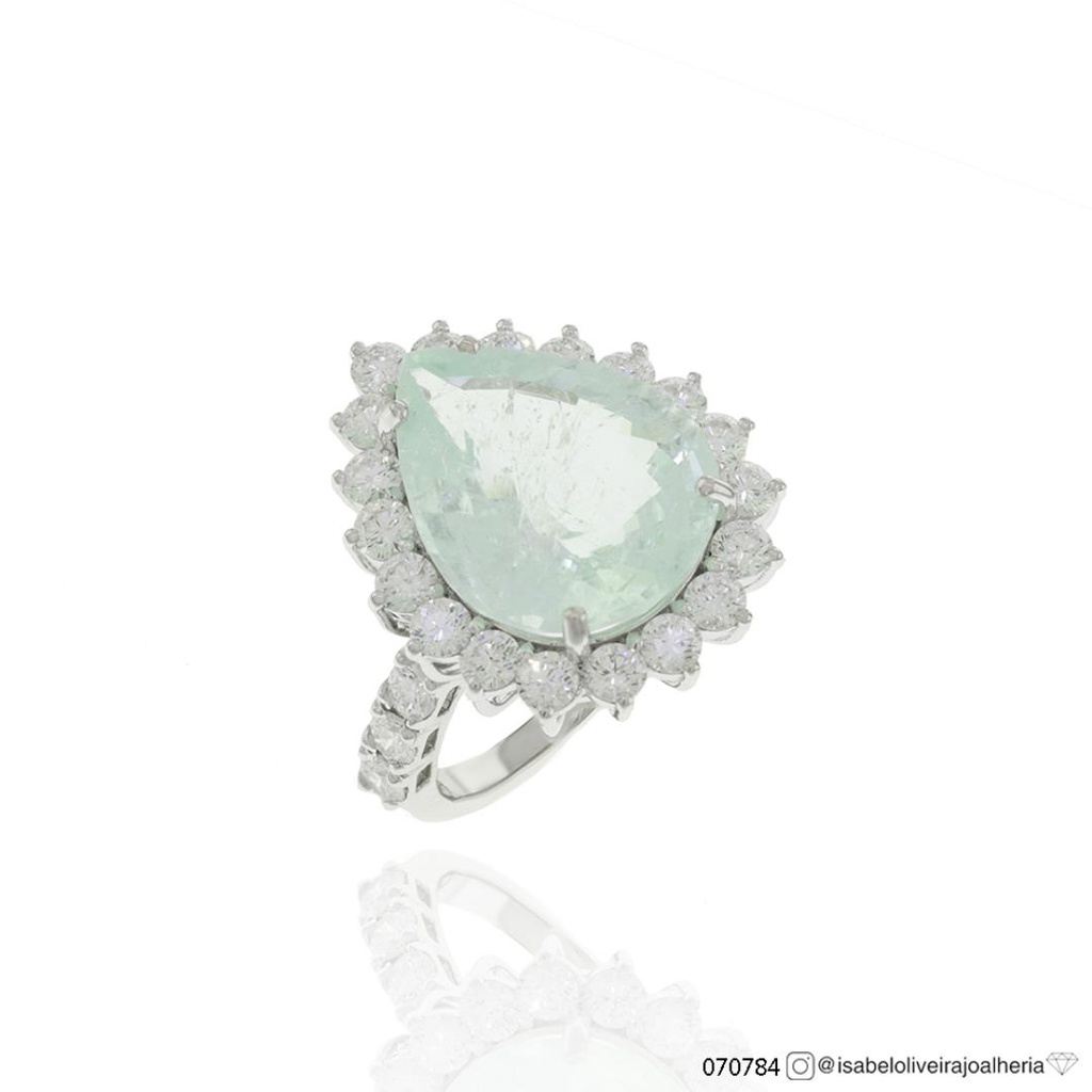 SET1 - Anel Classico I Turmalina Paraiba Gota 10,63CT 25 Brilhantes 2,16CT G VS1 8,50G Ouro Branco 18K - Certificado Jane PJG664-23 - Coleçao Caribbean Blue