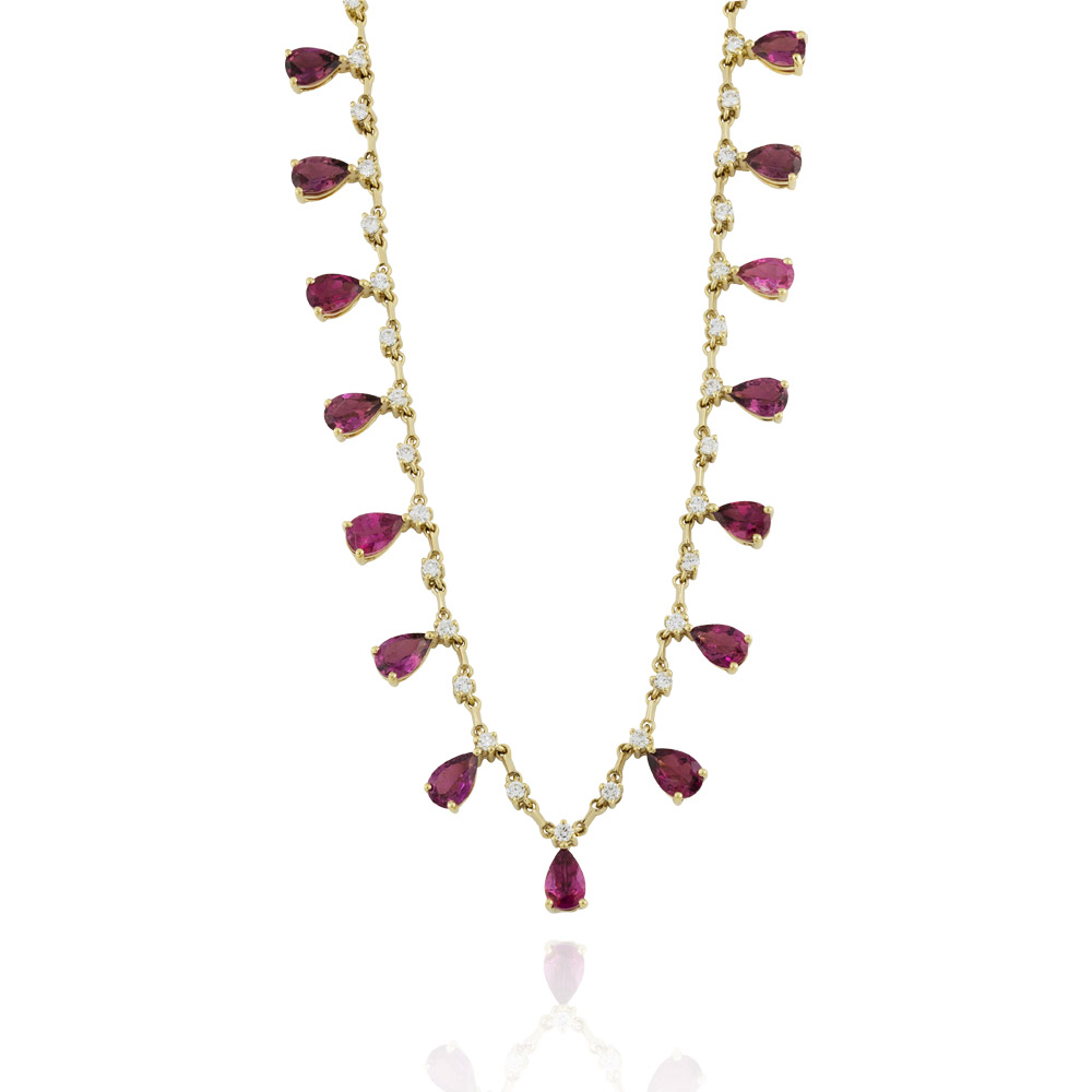 Colar 17 Rubelitas Gotas 6,49ct com Diamantes em Ouro Amarelo 18k