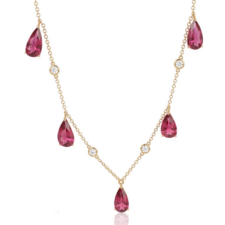 SET6-Colar 5 Rubelitas Gotas 7,37ct 6 Pastilhas Brilhantes 0,43ct H/i/j SI1/VS2 45cm 6,54g Ouro Amarelo 18k - Coleção Rubelita