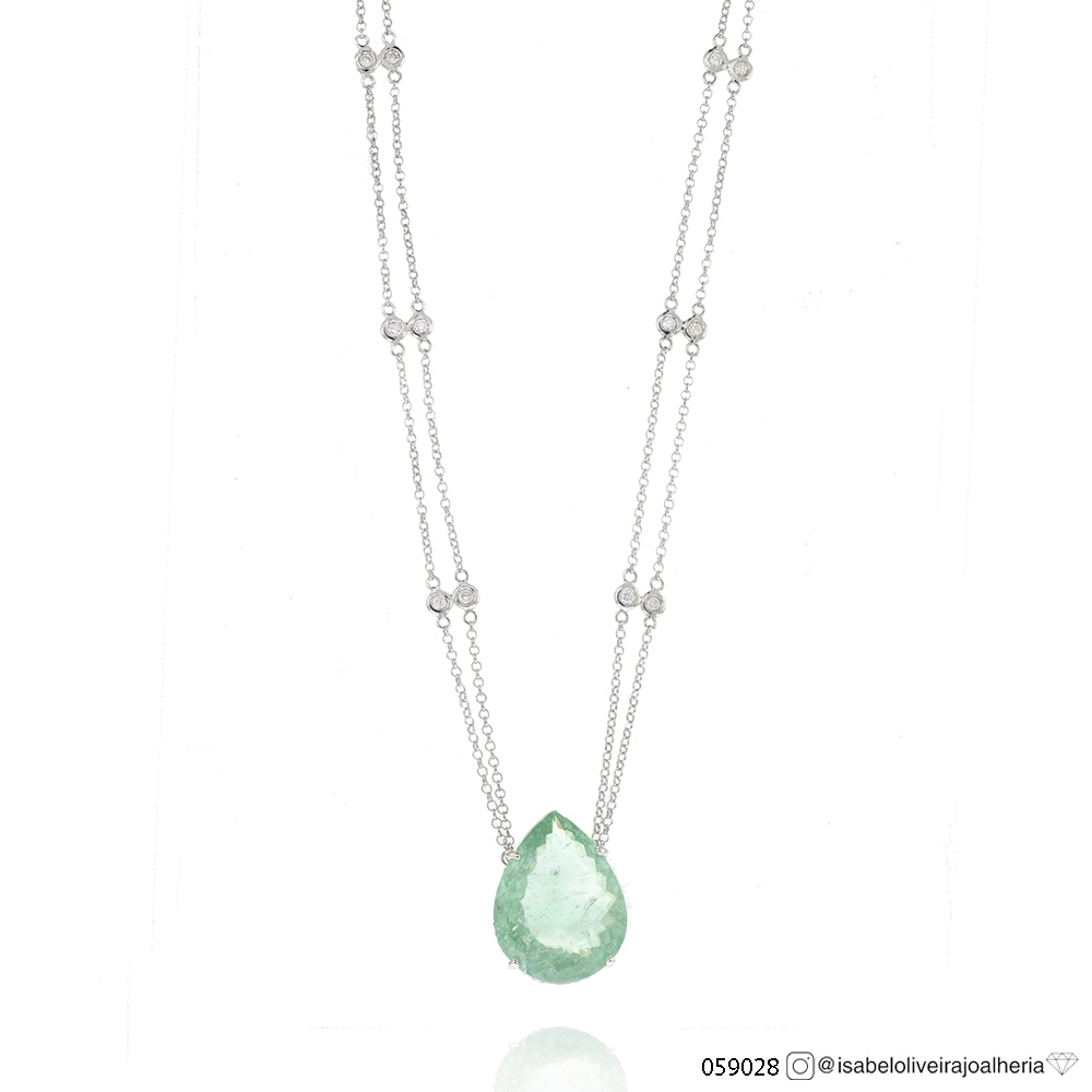 SET7-COLAR Turmalina Paraiba Gota 13,90CT 78 Brilhantes 0,41CT 12 Pastilhas Duplas 0,36CT G VS2 45CM 11,00G Ouro Branco 18K - Certificado Ibgm ID8032/SP2022  - Coleçao Caribbean Blue