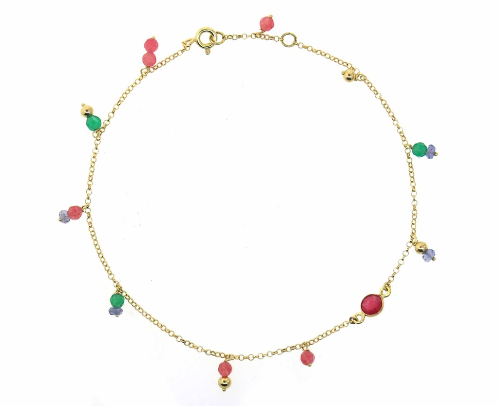 Tornozeleira 14 Pedras Coloridas 23,5cm 2,40g Ouro Amarelo 18k - Coleção Rainbow