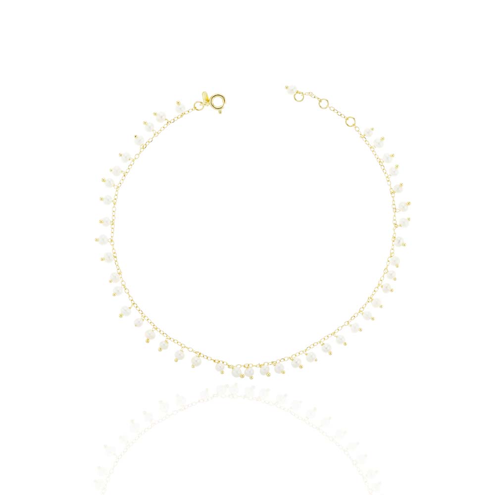 Tornozeleira 42 Pérolas Penduradas 24,5cm 3,60 a 3,80g Ouro Amarelo 18k - Coleção Over The Moon