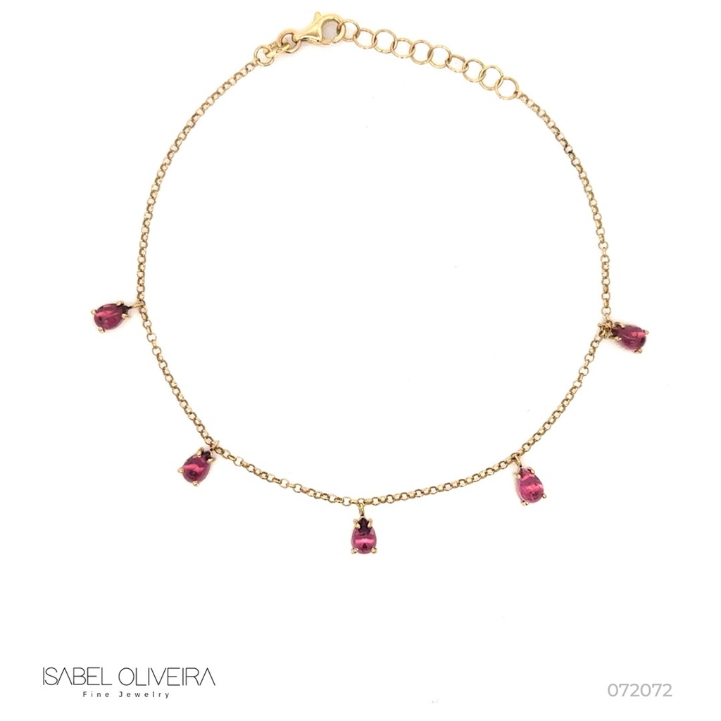 [072072] Tornozeleira 5 Turmalinas Rosa Gota Cabochão 2,26ct 21cm 3,65g Ouro Amarelo 18k - Coleção Fios e Pastilhas