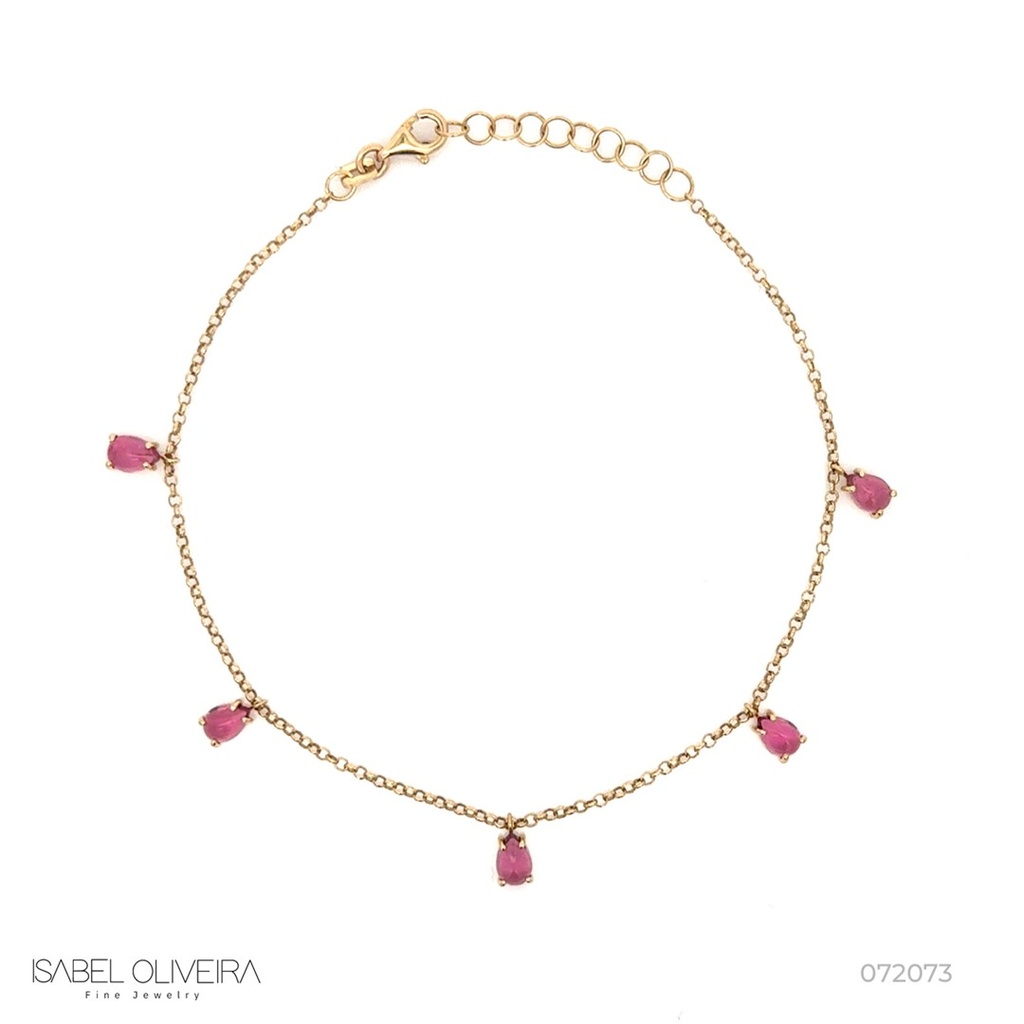 Tornozeleira 5 Turmalinas Rosa Gota Cabochão 2,37ct 24cm 2,94g Ouro Amarelo 18k - Coleção Fios e Pastilhas