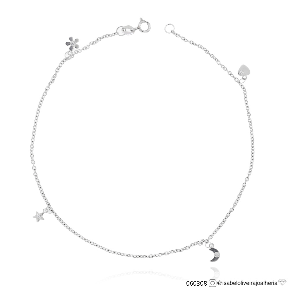 [060308] Tornozeleira Coracao, Lua, Flor e Estrela Zircônia 24cm 1,70g Ouro Branco 18k - Coleção Minimalista
