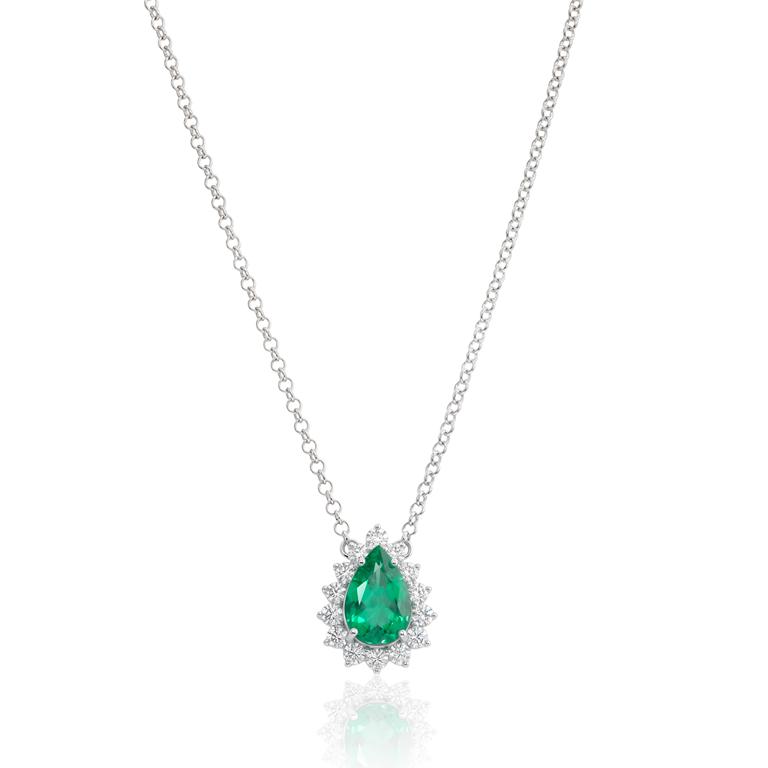 [076536] Colar 1 Esmeralda Brasileira Gota 1,18ct com Diamantes em Ouro Branco 18k