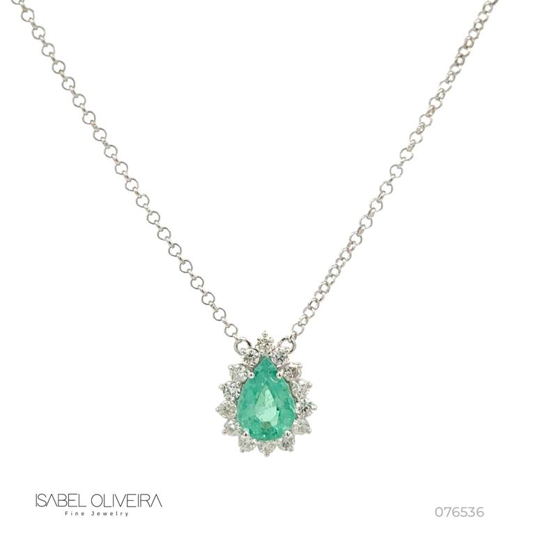 Colar 1 Esmeralda Brasileira Gota 1,18ct com Diamantes em Ouro Branco 18k