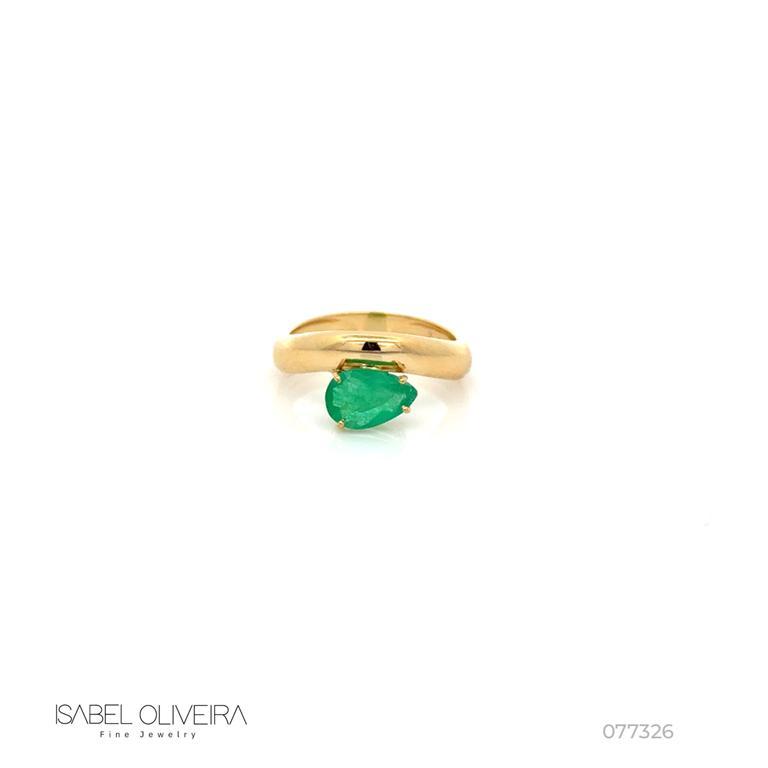 Anel Dedinho Esmeralda Colombiana Gota 0,71ct em Ouro Amarelo 18k