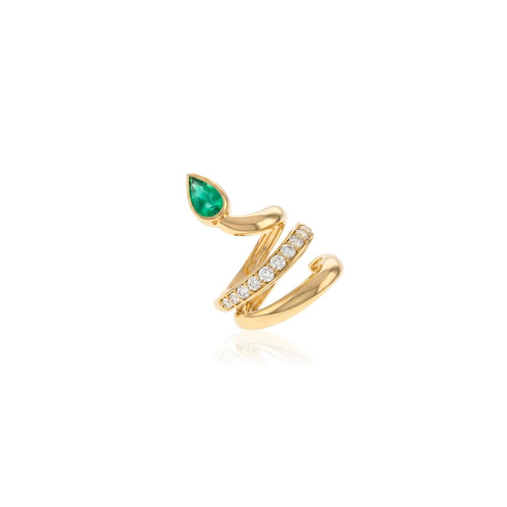 [077170] Anel 1 Esmeralda Brasileira Gota 0,70ct com Diamantes em Ouro Amarelo 18k