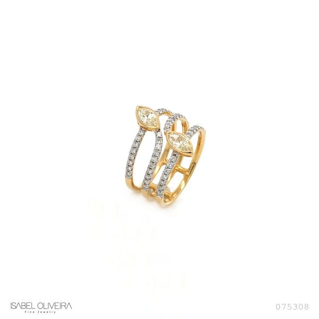 [075309] Anel 3 Aros 2 Diamantes Navetes 0,61ct 50 Brilhantes 0,36ct 4,40g Ouro Amarelo 18k - Coleção Laisa