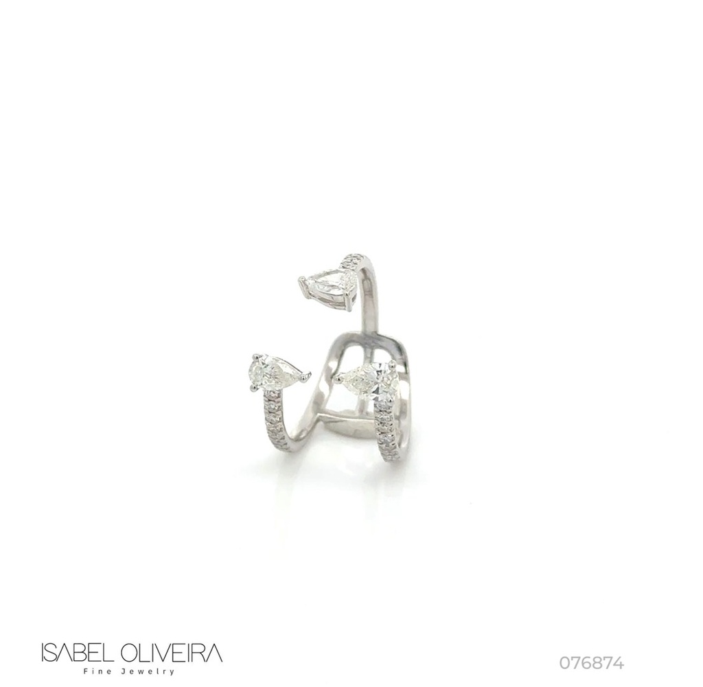Anel 3 Aros Abertos 3 Diamantes Gota 0,74CT 21 Brilhantes 0,20CT 3,36G Ouro Branco 18K - Coleçao Laisa