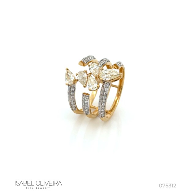 Anel 3 Aros Abertos 5 Diamantes Gota 1,16CT 80 Brilhantes 0,37CT 5,75G Ouro Amarelo 18K - Coleçao Laisa