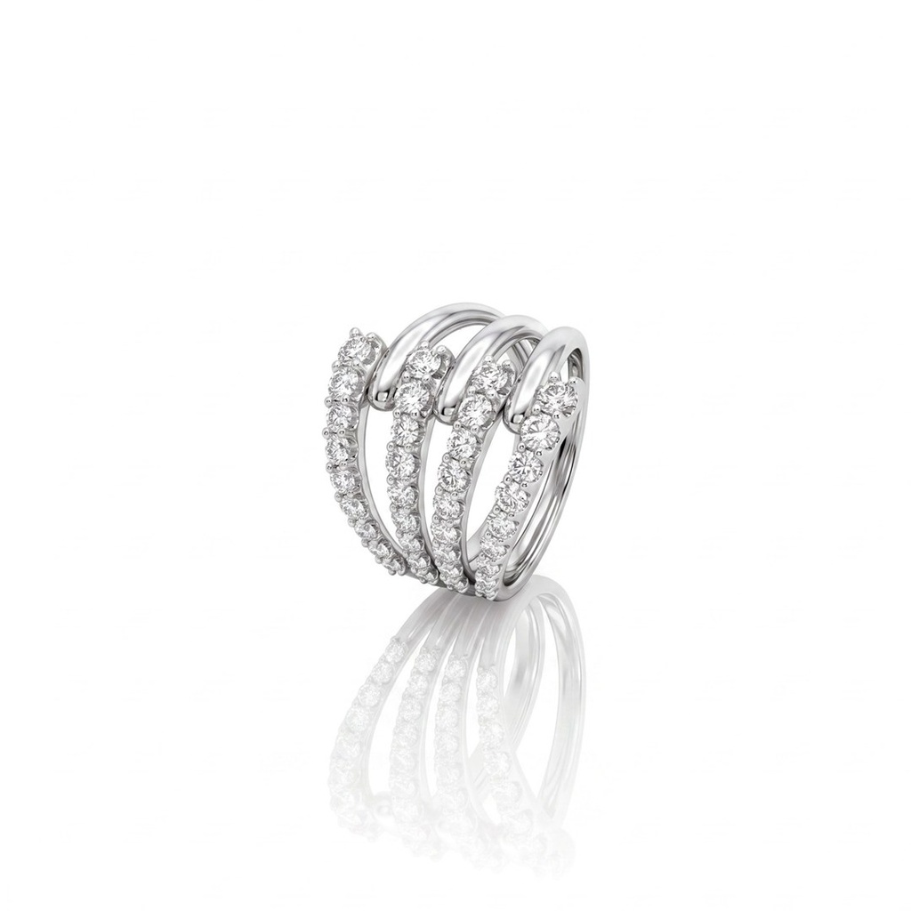 [072568] Anel 3 Aros Lisos e 4 Aros Cravados Degradê 36 Brilhantes 1,29ct g VS1 6,78g Ouro Branco 18k - Coleção Laisa
