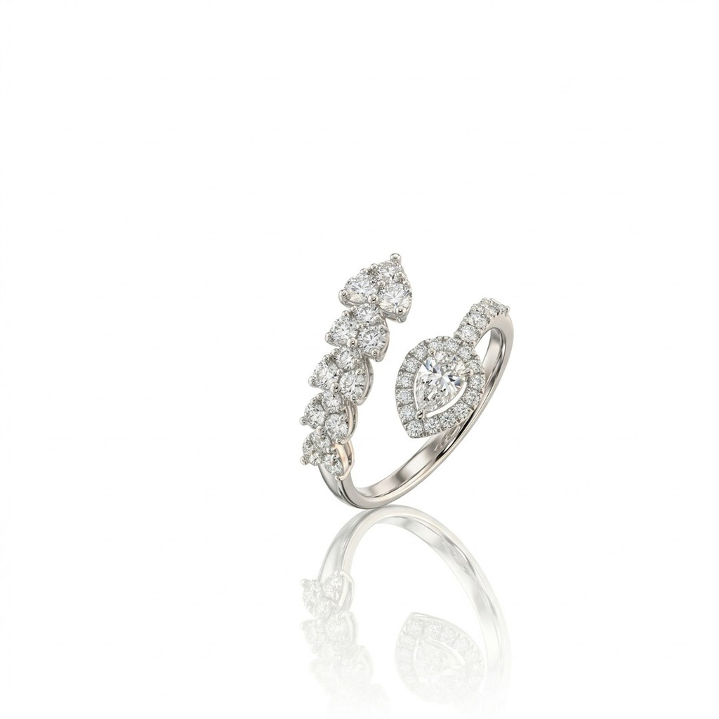 [076881] Anel Aberto 1 Diamante Gota 0,28ct 34 Brilhantes 0,82ct 2,88g Ouro Branco 18k - Coleção Laisa