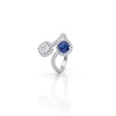 Anel Aberto 1 Safira Azul Cushion 0,77ct 1 Diamante Cushion 0,32ct 76 Brilhantes 0,48ct 3,31g Ouro Branco 18k - Coleção Laisa
