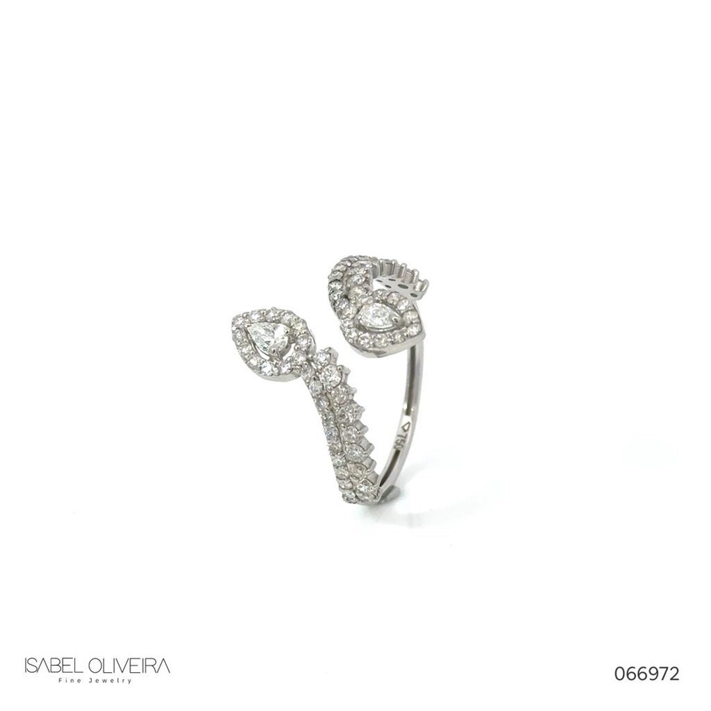 [066972] Anel Aberto 2 Diamantes Gotas 0,17ct 66 Brilhantes 0,82ct H VS2 2,91g Ouro Branco 18k - Coleção Laisa
