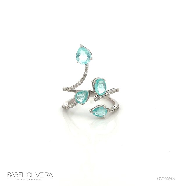 Anel Aberto 1 Turmalina Paraíba Oval e Gota 1,68ct com Diamantes em Ouro Branco 18k