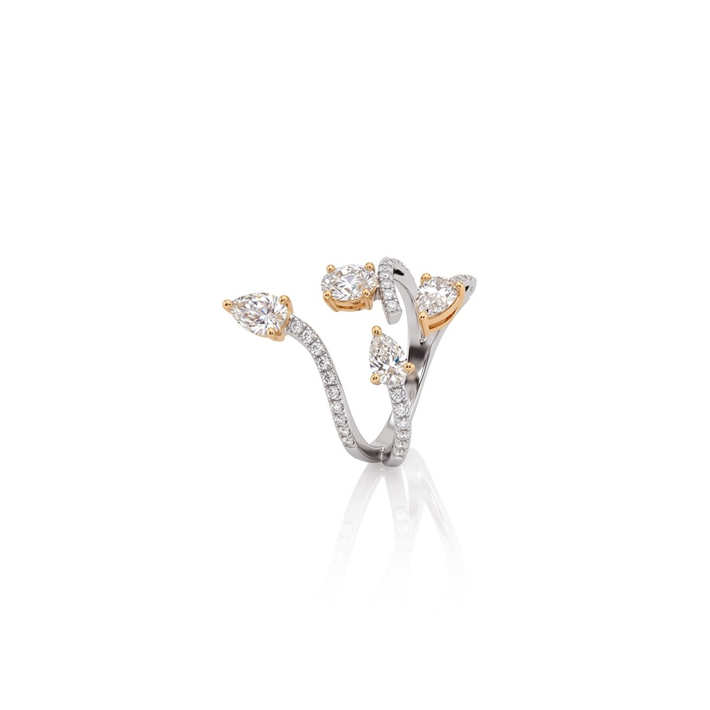 [072355] Anel Aberto Diamante Oval 0,40ct 3 Gotas 1,17ct 32 Brilhantes 0,27ct 4,32g Ouro Amarelo 18k - Coleção Laisa