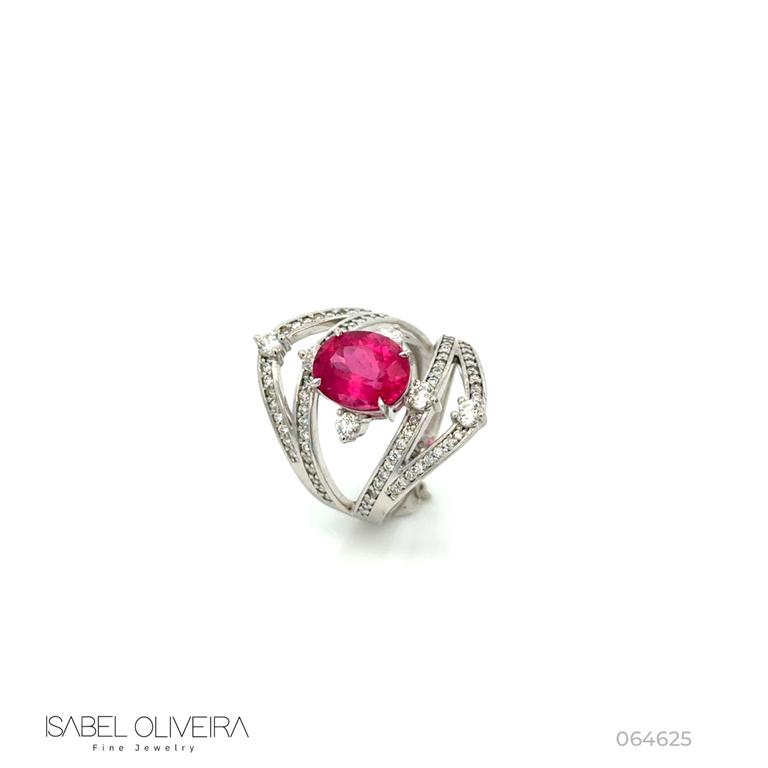 Anel 1 Rubelita Oval 2,90ct com Diamantes em Ouro Branco 18k