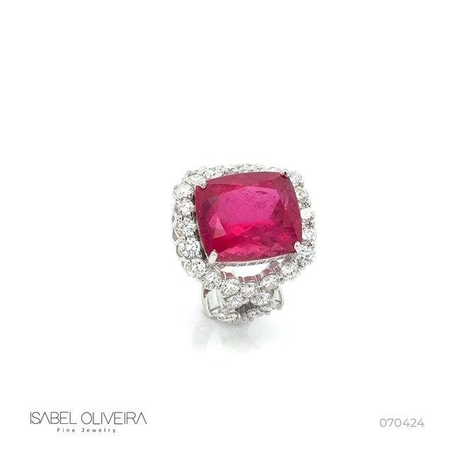 [070424] Anel 1 Rubelita Antique 11,85ct com Diamantes em Ouro Branco 18k